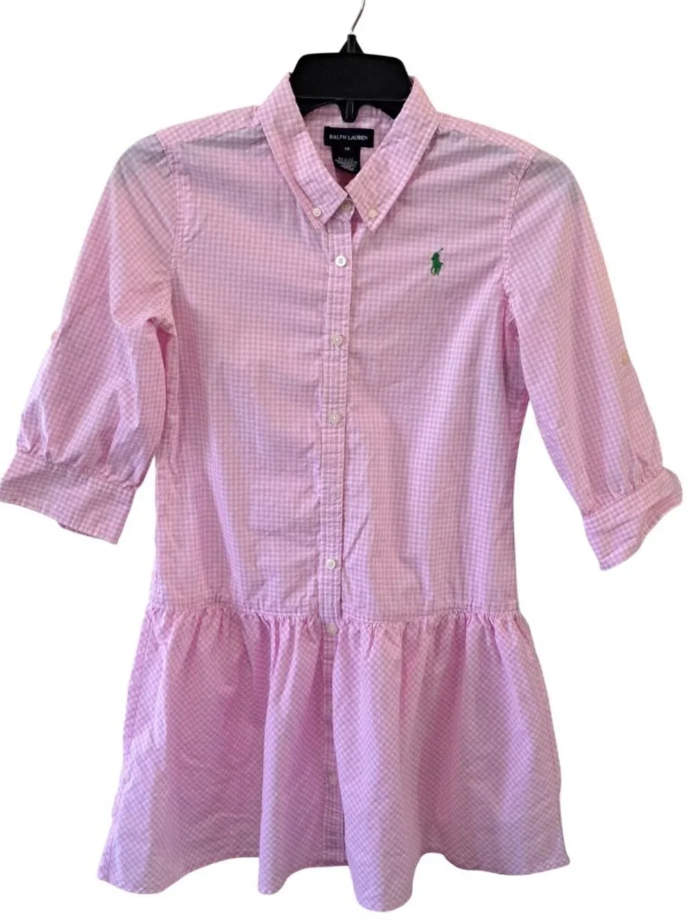 Ralph Lauren Girls Pink Gingham Button Dress 14 Cotton 3/4 Sleeves Green Logo